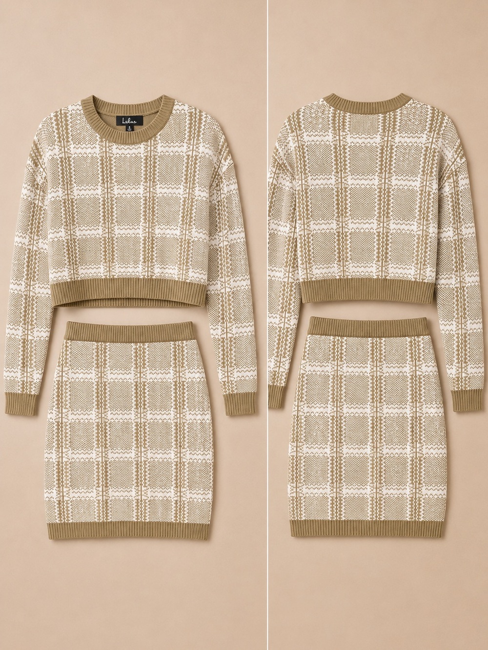 Lulus Beige/Olive Plaid Knit Sweater & Mini Skirt Set Size S